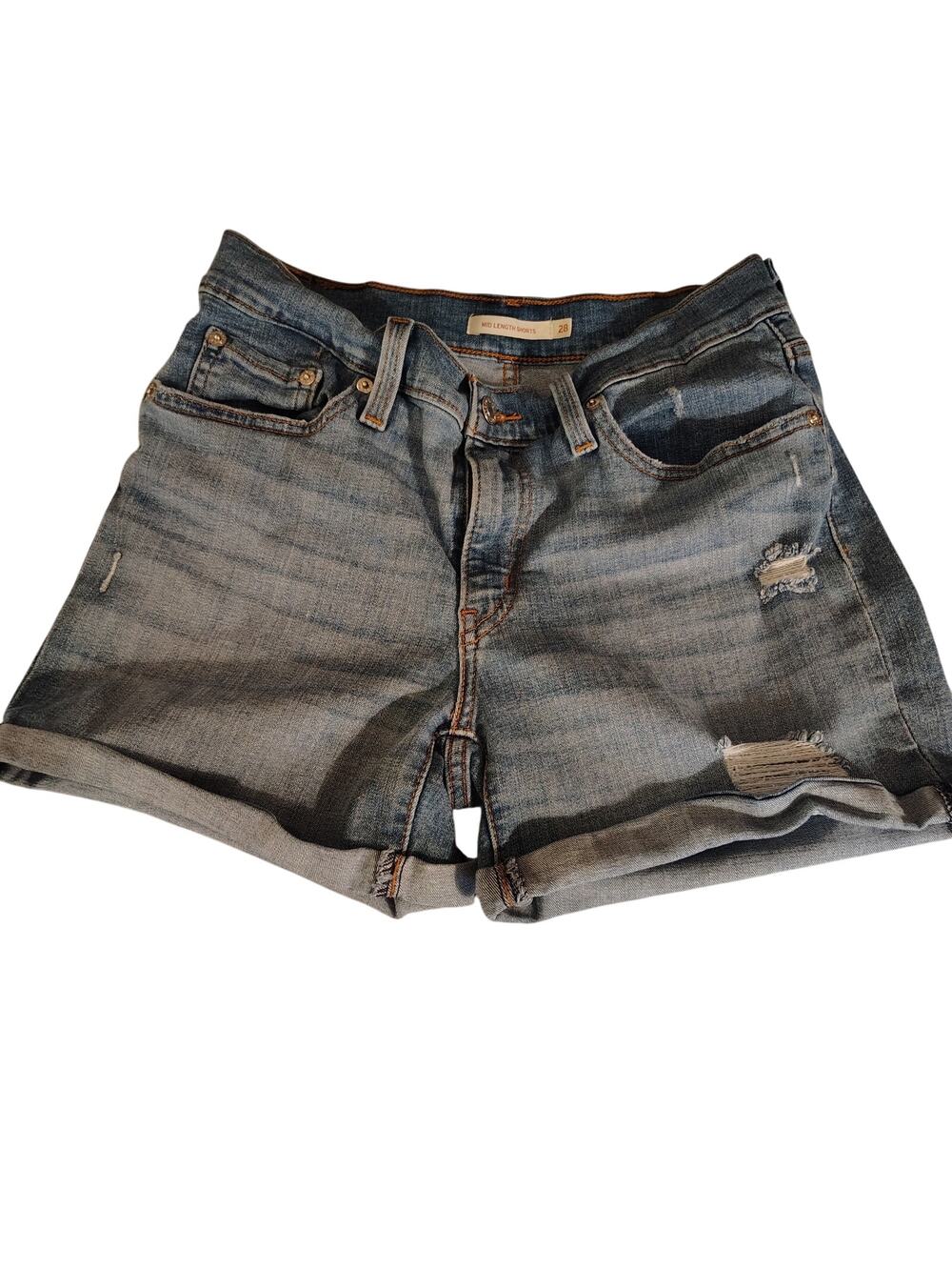 Levi’s Mid Length Denim Shorts Women’s Size 28 Distressed Stretch Medium Wash